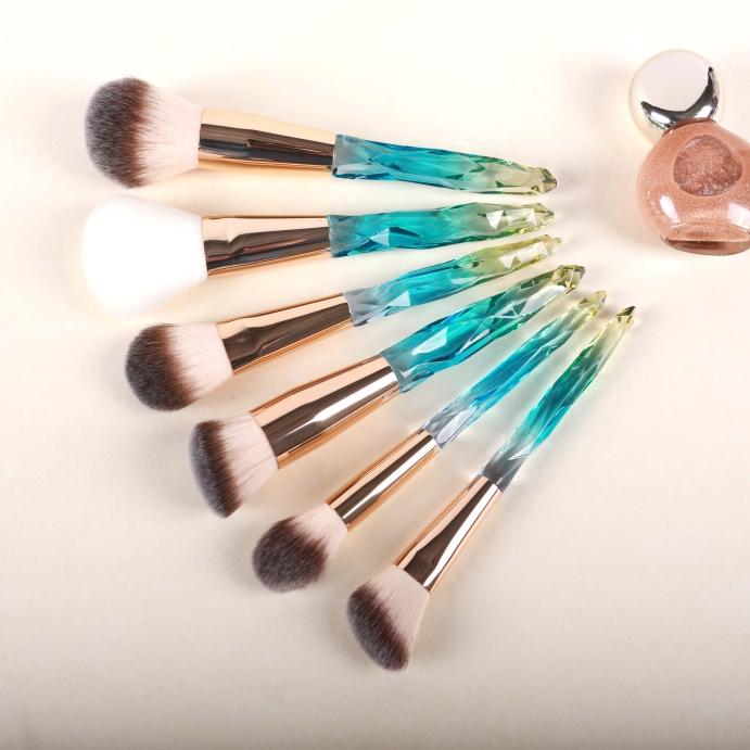 6pc Yellow-blue Crystal Handle Makeup Brush Set